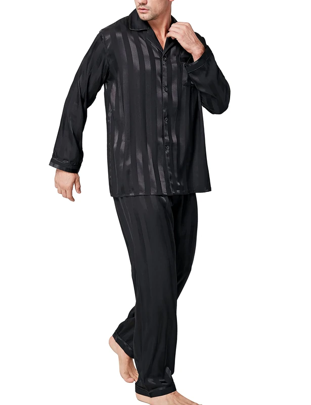 LONXU Mens Satin Pajamas Set Black 4XL - Image 1
