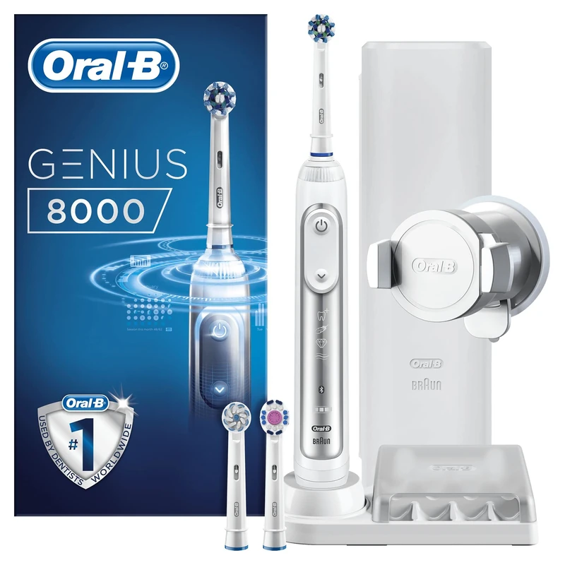 Oral-B Genius Electric Toothbrush with Artificial Intelligence, Gifts For Women / Men, App Connected Handle, 3 Toothbrush Heads & Travel Case, 5 Modes, Teeth Whitening, 2 Pin UK Plug, 8000