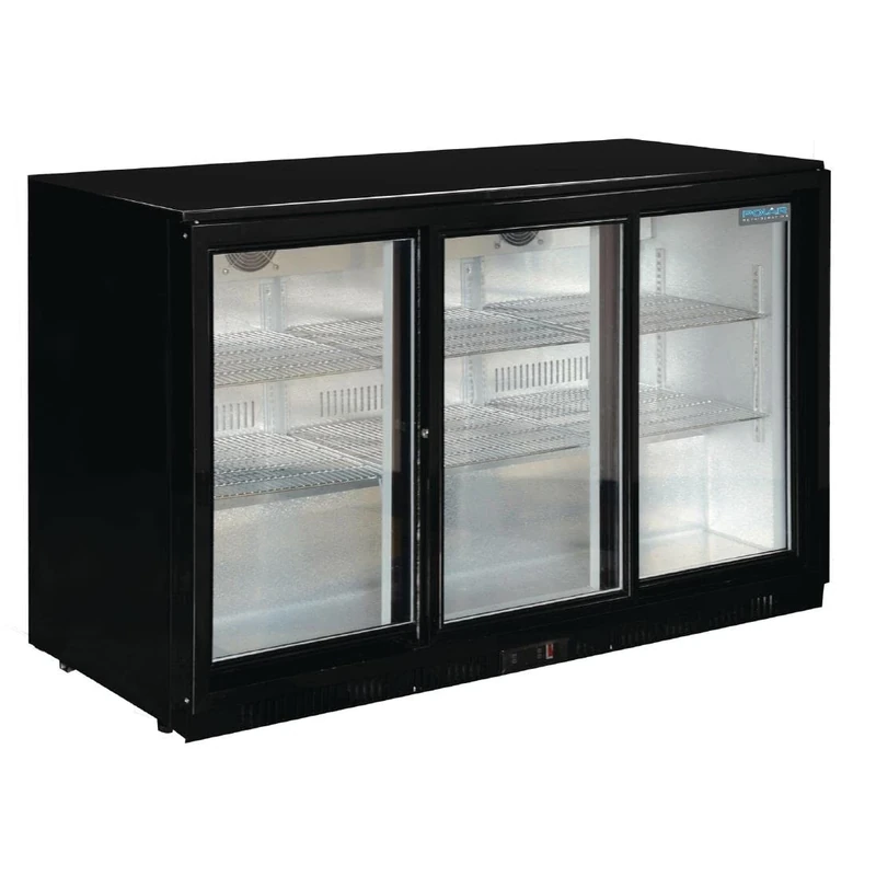 Polar Refrigeration G-Series 350W Back Bar Cooler Display Fridge with Sliding Doors 330 Litre, Black, 2°C to 8°C, 900(H)x1350(W)x520(D)mm, 6 Shelves, Lockable Doors, Energy Rating E | GL006