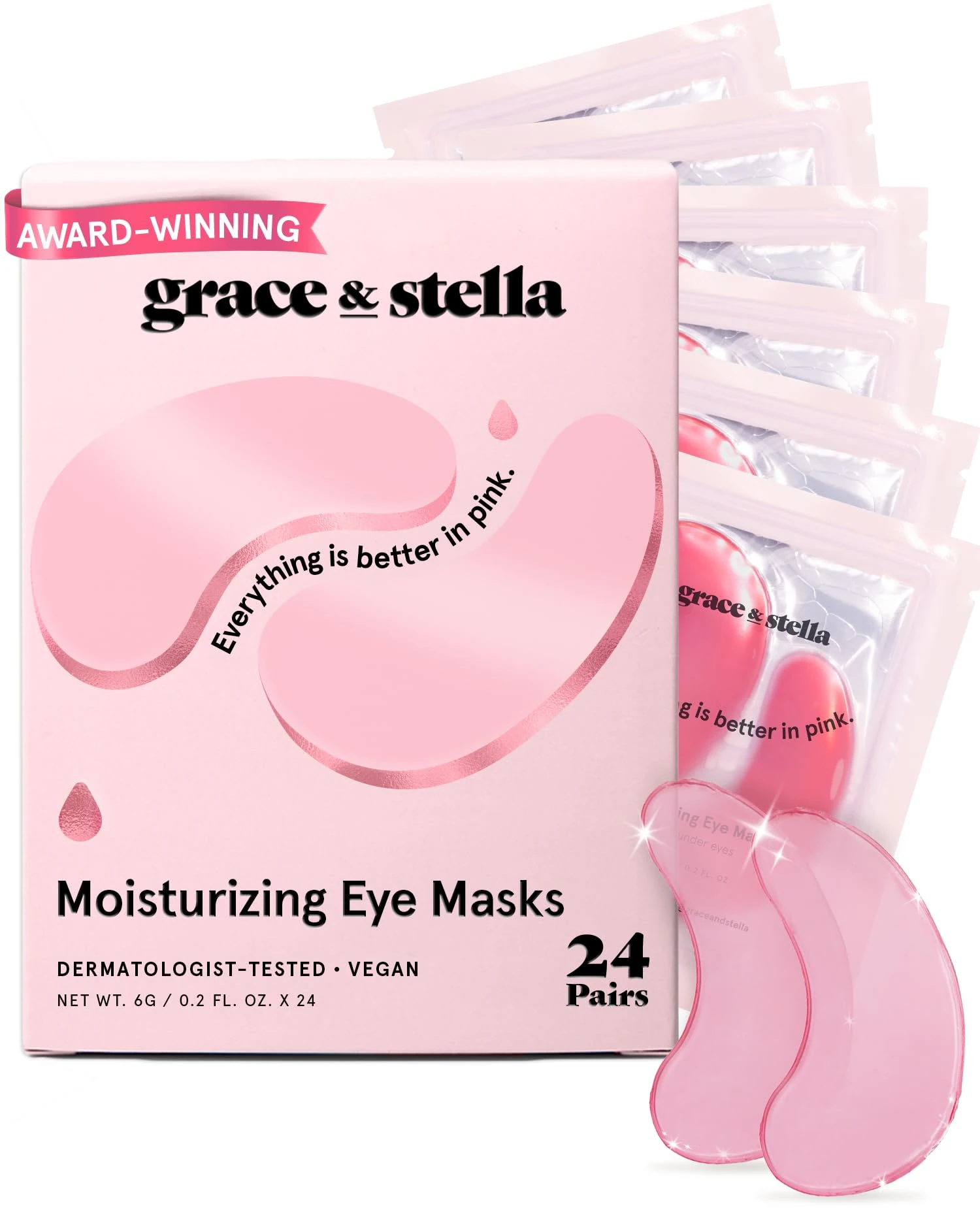 Award Winning Under Eye Mask - Reduce Dark Circles, Puffy Eyes, Undereye Bags, Wrinkles - Gel Under Eye Patches, Vegan Cruelty-Free Self Care by grace and stella (24 Pairs, Pink)