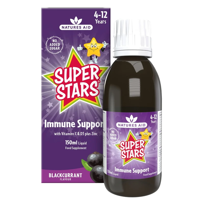 Natures Aid Super Stars Immune Support for Kids 150ml - Blackcurrant Flavour - Vitamin C D3 Zinc - Vegan, Sugar-Free, Gluten-Free - Non-GMO - Daily Immune Support Liquid Supplement