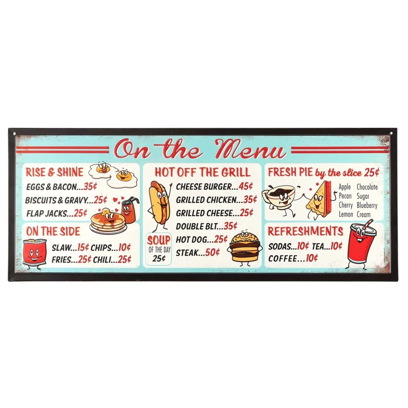 On the Menu Embossed Metal Sign - Vintage Diner Menu Sign with Distressed Finish for Kitchen or Man Cave