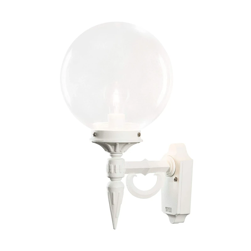 Konstsmide Handmade Outdoor Light Mains Powered/Orion Up Outdoor Wall Light/1 x 60 W E27 Max Wall Lamp/Clear Glass Globe/Aluminium/IP23/White Outside Light