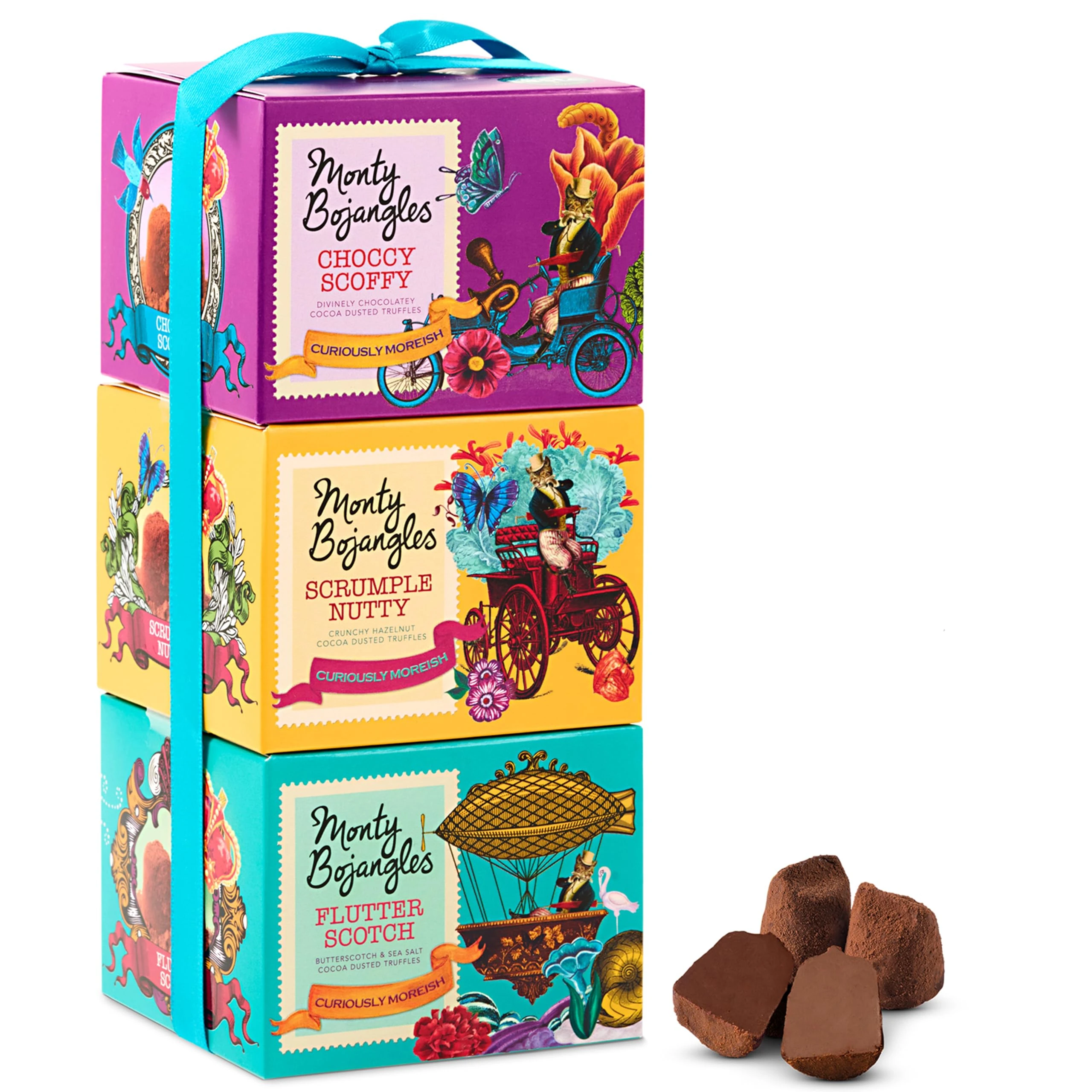 Monty Bojangles Cocoa Dusted Truffles Gift Tower (3 x 100g Pack)- 3 Luxury Chocolate Truffle Boxes - Choccy Scoffy, Scrumple Nutty & Flutter Scotch- The Perfect Chocolate Gift Box Selection