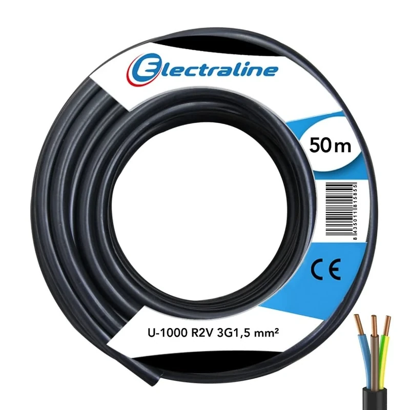 Electraline 10218279D Cable Crown U-1000 R2V 3G1.5 50 m, Black