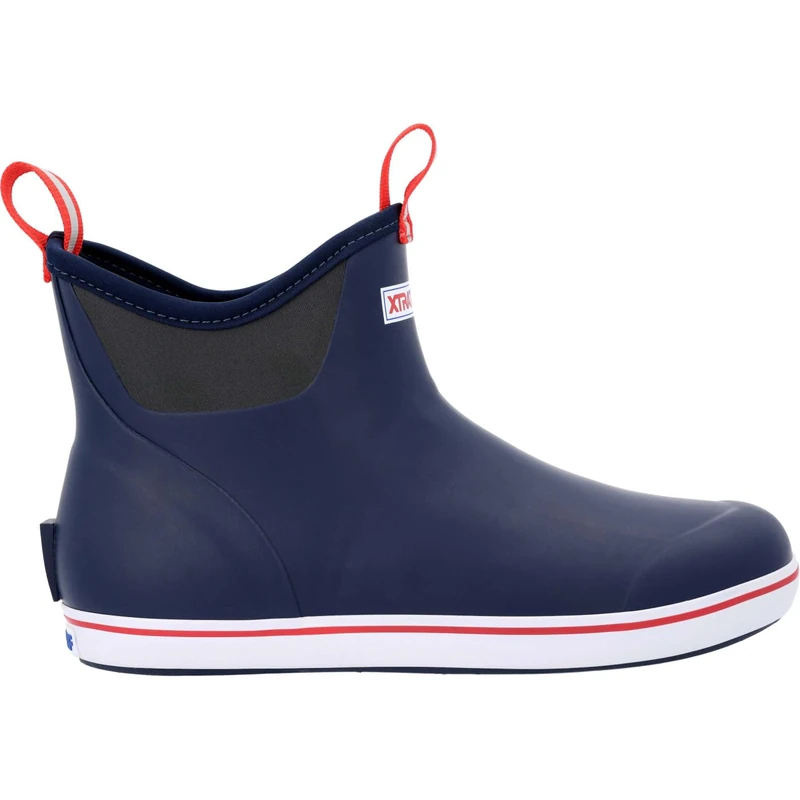 XTRATUF Men's Ankle Deck 6 In. Navy Blue/Red Slip-On Size 10 Fishing Boot