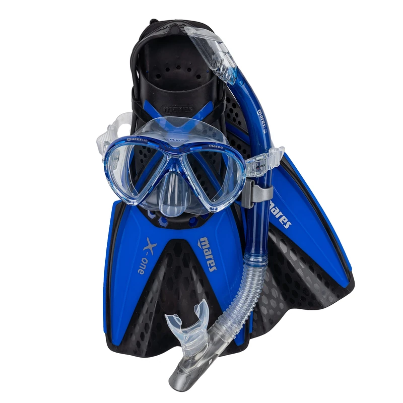 Mares Set Marea X-One – Adult Snorkelling Kit with Silicone Mask, Channel Thrust Adjustable Fins, Semi-Dry Snorkel with Valve