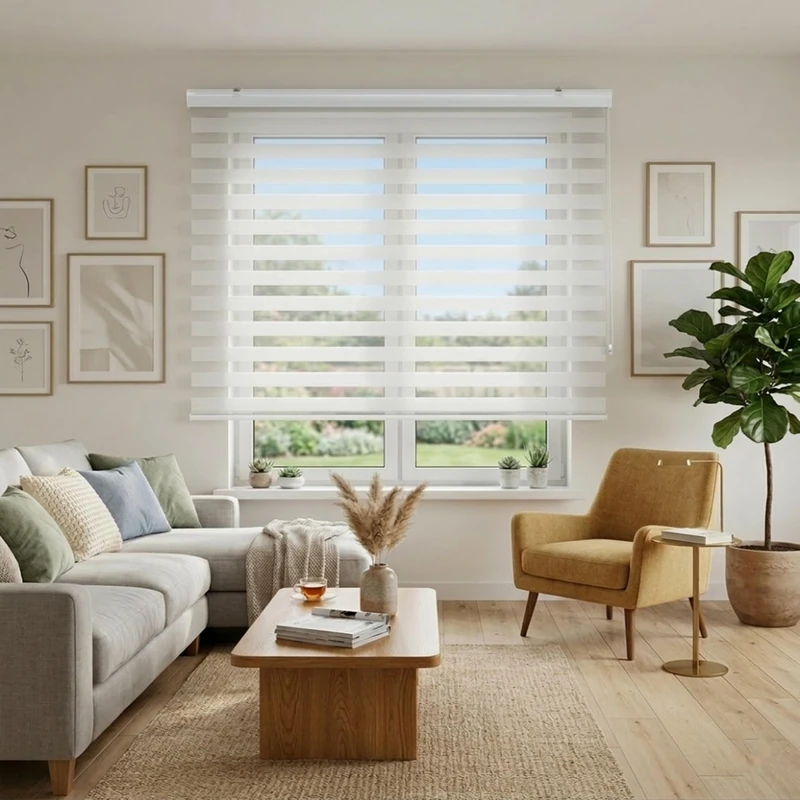 Blindecor - Lira Luxury Double layered roller blind, Night and Day, Off-white, 140x180cm (width x length)