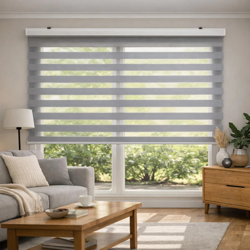 Blindecor - Lira Luxury Double layered roller blind, Night and Day, Silver grey, 140x180cm (width x length)