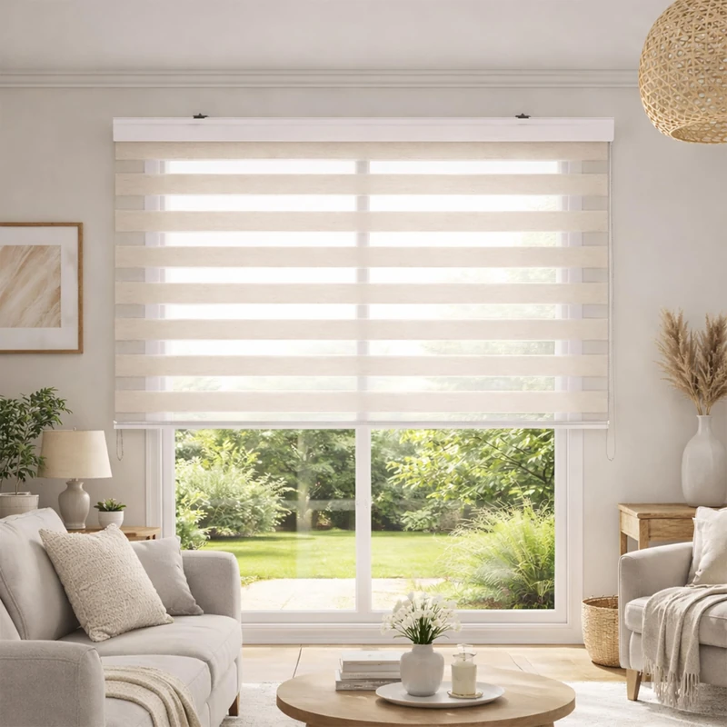Blindecor - Lira Luxury Double layered roller blind, Night and Day, Linen - Cream, 100x180cm (width x length)