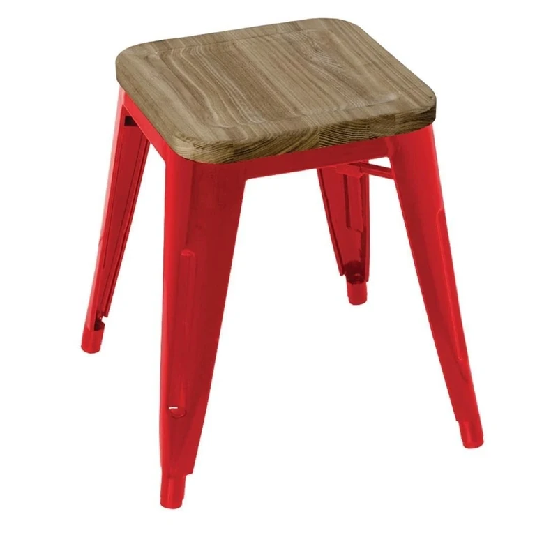Bolero Red Steel Bistro Low Stools with Wooden Seat Pad 455X405X405mm Chair 4pc