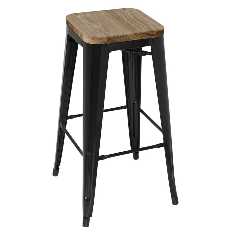 Bolero Black Steel Bistro High Stools Wooden Seat Pad 770X430X430mm Chair 4pc
