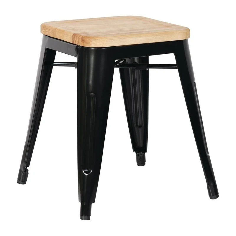 Bolero Black Steel Bistro Low Stools Wooden Seat Pad 455X405X405mm Chair 4pc