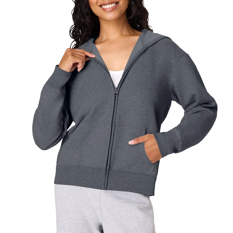 Hanes womensO4637Women's Fleece Full Zip Hood Long Sleeve Hoody - Gray - X-Large - Image 1