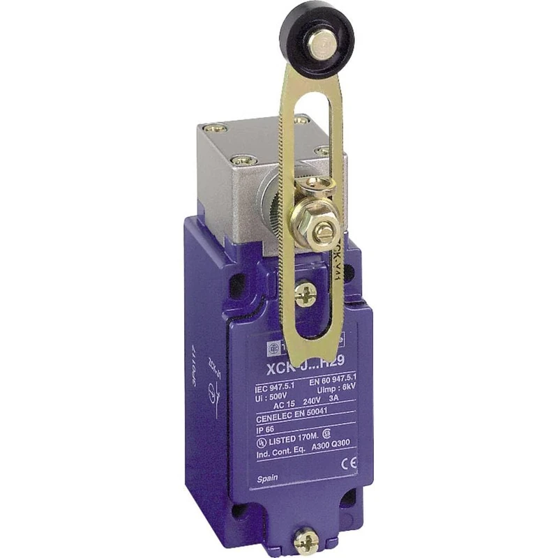 Telemecanique Sensors XCKJ10541H29 Limit Switch with Thermoplastic Roller Lever, Metal, Series XCKJ, Variable Length, Rotary Head, M20 x 1.5 Cable Gland, 1 NC + 1 NO Snap Action Contacts