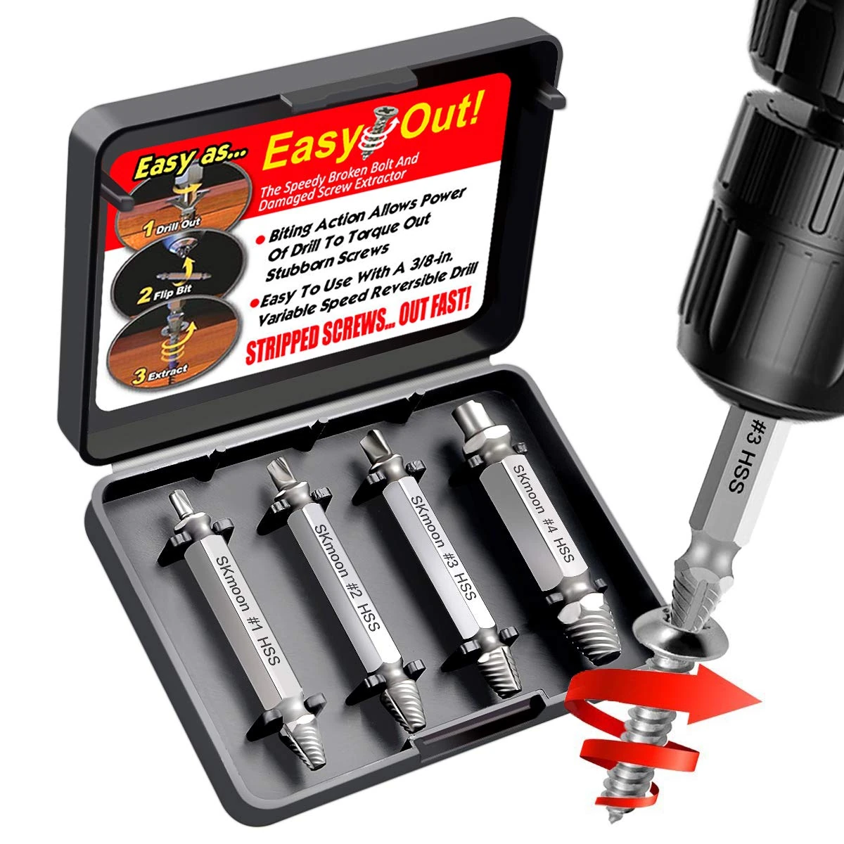 SKmoon Damaged Screw Remover and Extractor Set , Made From H.S.S. 4341#, the Hardness Is 62-63hrc ( Set of 4 )