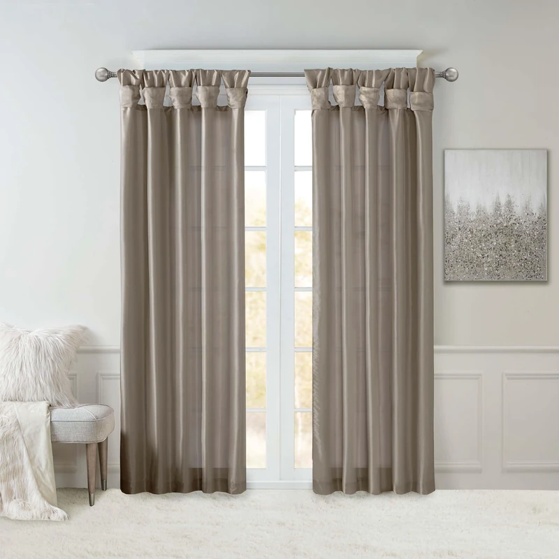 Madison Park Emilia Faux Silk Single Curtain with Privacy Lining, DIY Twist Tab Top, Window Drape for Living Room, Bedroom and Dorm, 108" L x 50" W, Pewter Brown