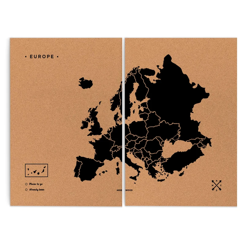 Miss Wood Woody Map XXL Cork – Map of the World with Europe Design, Black