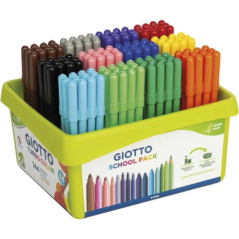 GIOTTO Turbocolor Felt Tip Fibre Pens, Fine Tip Nib 2.8mm, Schoolpack, 144 x Assorted Colours, For Children, Parties and Schools