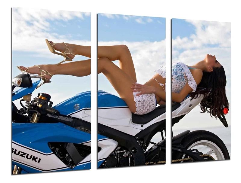 Multi Wood Printings Art Print Box Framed Picture Wall Hanging - Motorcycle Girl Sexy, (Total Size: 38,2" x 24,4") - Framed and Ready to Hang - ref. 26273