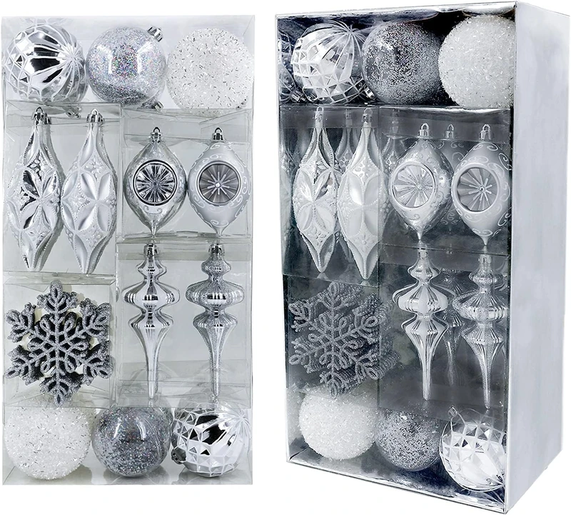 Valery Madelyn 50ct Frozen Winter Shatterproof Christmas Ball Ornaments Decoration Silver White,Themed with Tree Skirt(Not Included)