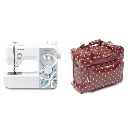Brother AE1700 Sewing Machine with Instructional DVD, 17 Stitch & Hobby Gift PVC Sewing Machine Bag Polka, Cotton, Burgandy, 44x19x37 cm