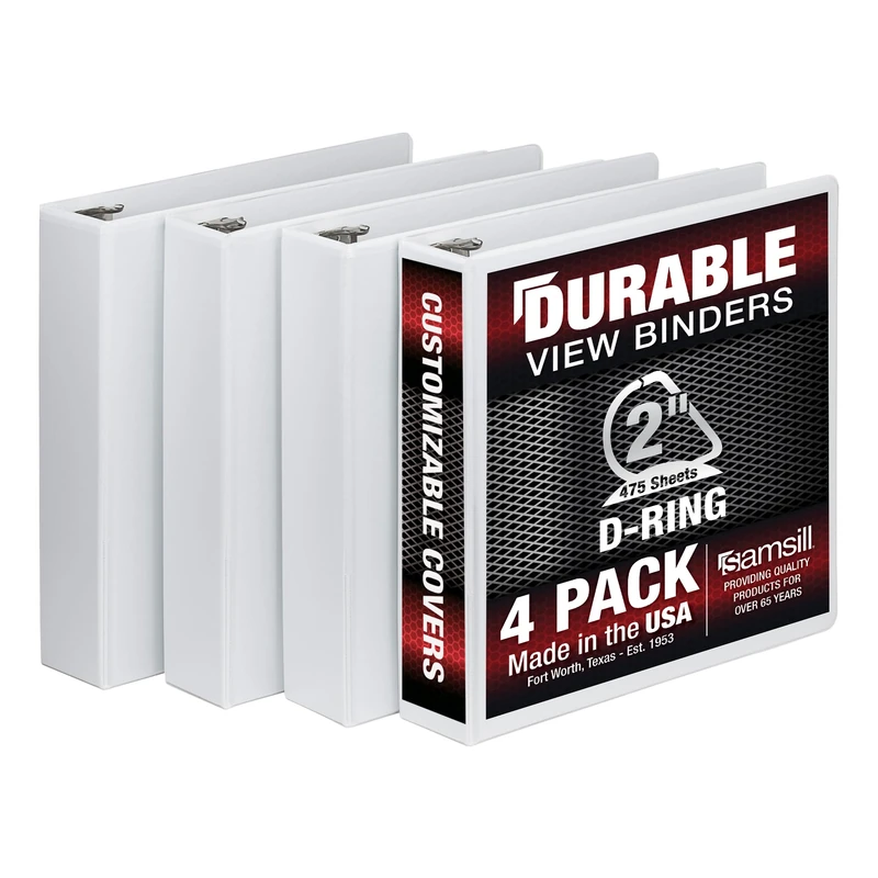 Samsill Durable 2 Inch Binder, Made in The USA, D Ring Customizable Clear View Binder, White, 4 Pack, Holds 480 Pages