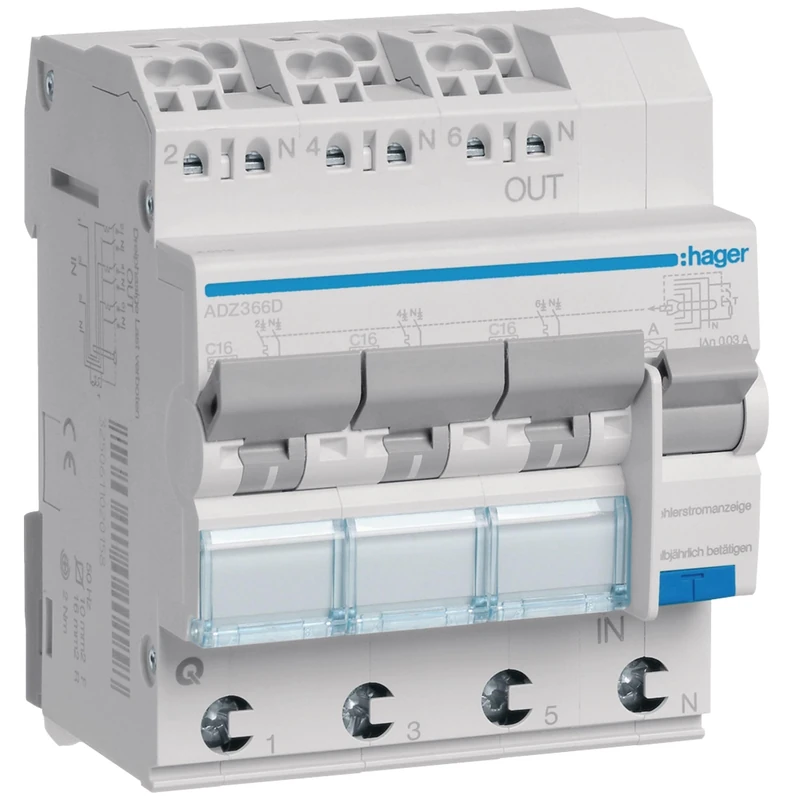 Hager – Fi/LS Switch 3 x 1P + N 6 KA adz366d