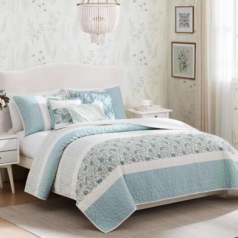 Madison Park All Season Down Alternative Bedding, Matching Shams, Bedskirt, Decorative Pillows, Cotton, Dawn, Light Teal, Full/Queen(90"x90")