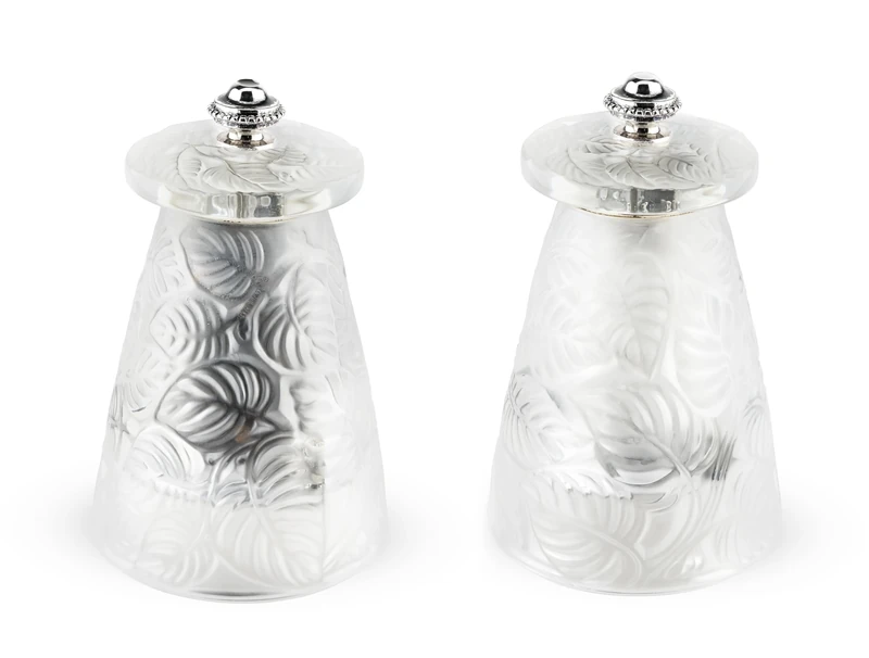 Peugeot - Salt & Pepper Mill Set - Lalique Feuilles - Clear Crystal - Handcrafted in France - Original René Lalique Design 1924 - Stainless Steel Grinding Mechanism