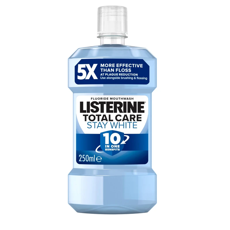 Listerine Total Care Stay White Mouthwash (1x 250ml), 10-in-1 Benefit for Total Oral Care, Gum Mouthwash to Maintain a Clean and Healthy Mouth and Naturally White Teeth