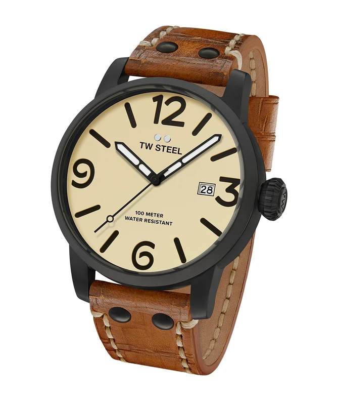 TW Steel Maverick Unisex Quartz Watch with Beige Dial Analogue Display and Brown Leather Strap MS41 - Image 1