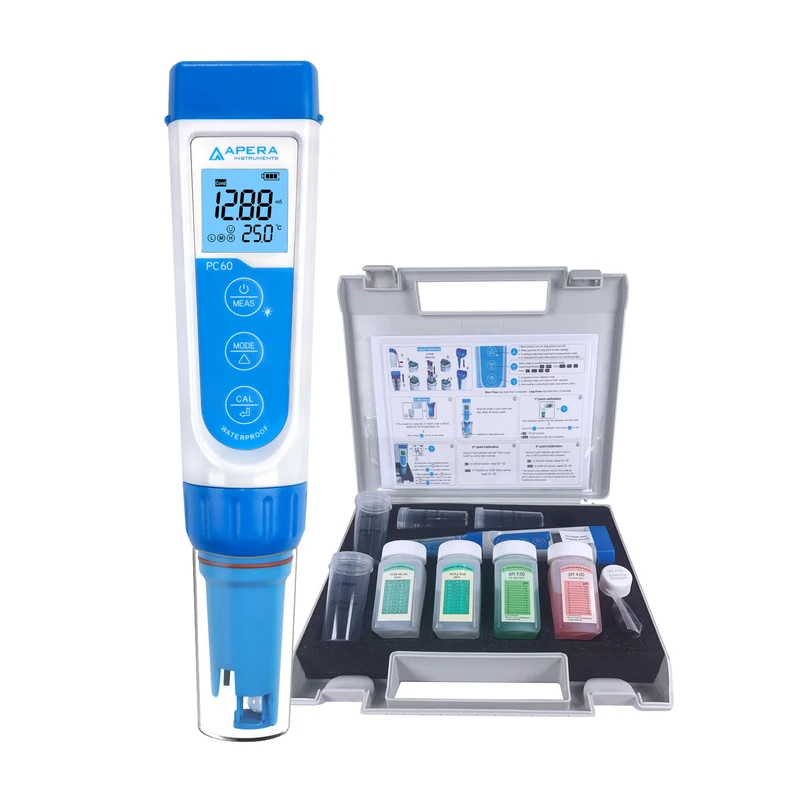 Apera Instruments PC60 Premium pH/EC/TDS/Salinity Multi-Parameter Pocket Tester, Replaceable Probe, Waterproof, ±0.01 pH/1% Accuracy, -2.00-16.00 pH; 0-20.00 mS/cm Range, ±0.5°C Temperature Sensor