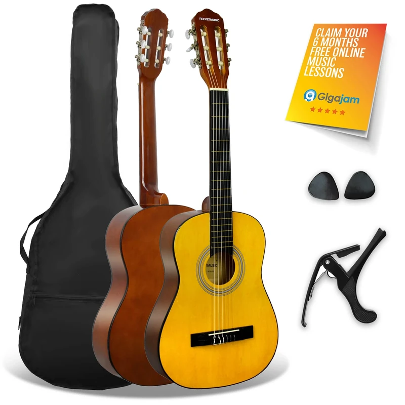 3rd Avenue XF 1/2 Size Junior Kids Classical Spanish Starter Beginner Pack Acoustic Guitar with Nylon Strings, Gig Bag, Capo and Picks – Natural