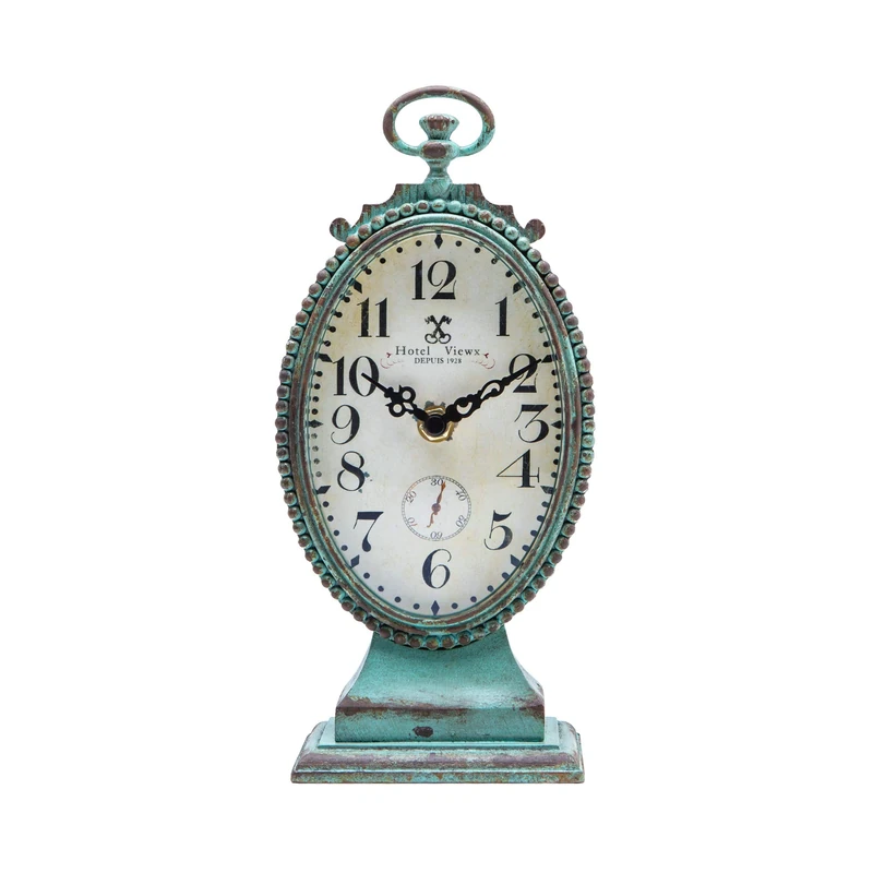 NIKKY HOME Shabby Chic Pewter Round Table Clock Distressed Style, Green