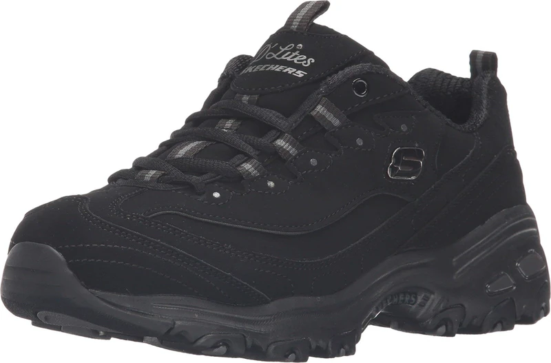 Skechers Women's D'Lites- Play ON Fashion Sneaker, Black/Black, 2 UK Wide