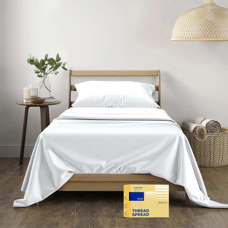 600-Thread-Count Egyptian Cotton Quality Sheet Set - Luxury Twin XL Size Cooling Bed Sheets for Hot Sleepers - Deep Pocket Fitted & Flat Sheets - 3 Pc Soft White Sheets for College Dorm Room Mattress