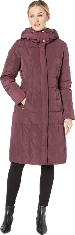 Cole Haan Women's Long Quilted Puffer Coat Down Jacket Down Alternative Outerwear, Merlot, S