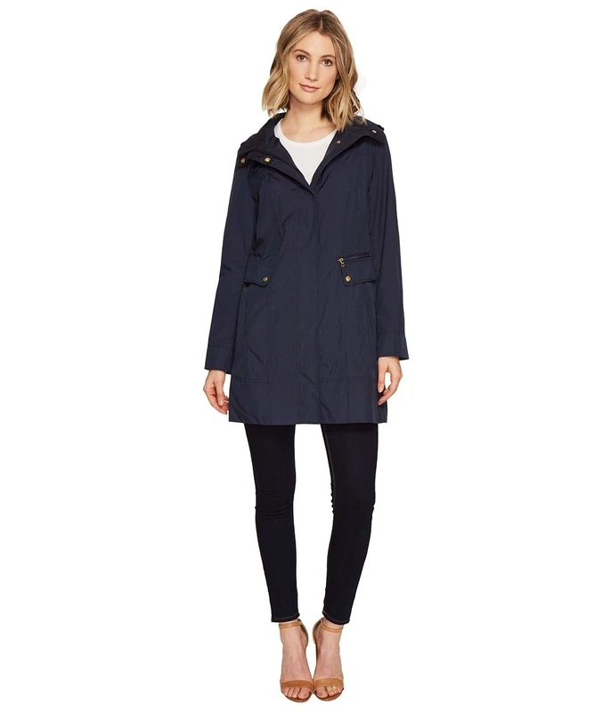 Cole Haan Women's Packable Hooded Rain Jacket with Bow (Standard and Plus Size) Raincoat, Indigo, SM (US 4-6)