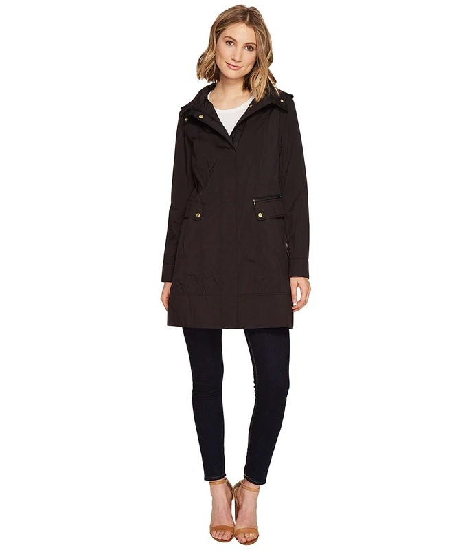 Cole Haan Women's Packable Hooded Rain Jacket with Bow (Standard and Plus Size), Black, L