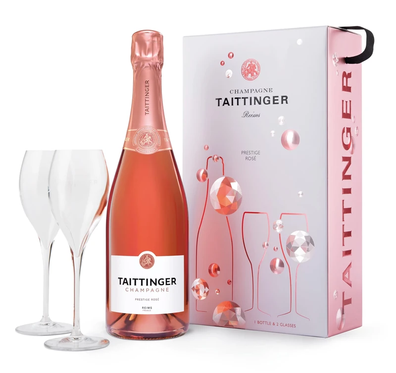 Taittinger Brut Prestige Rosé Non Vintage Champagne and Glasses Gift Set 75cl