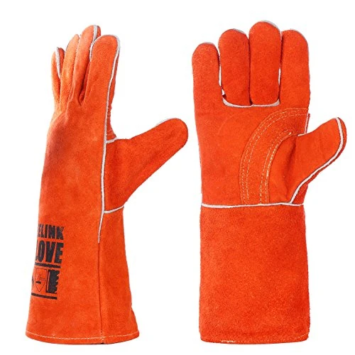 QeeLink Welding Gloves - Heat & Wear Resistant Lined Leather and Fireproof Stitching - For Welders/Fireplace/BBQ/Gardening (Orange, Standard (14-Inch))