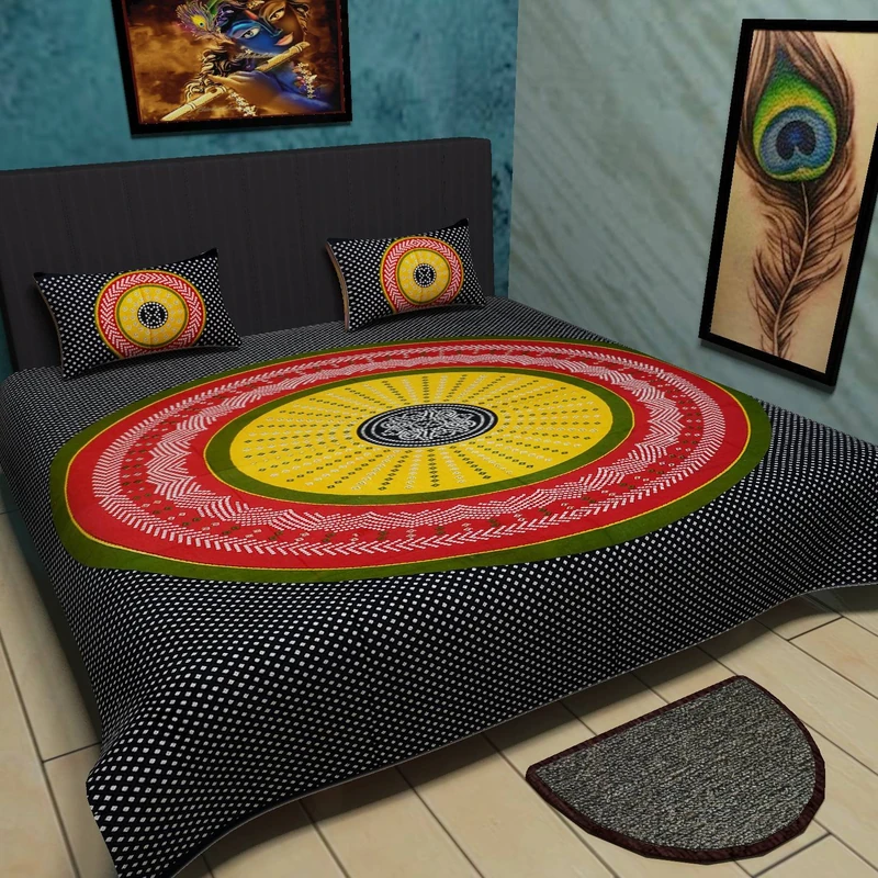 Traditional Mafia Old Classic Collection 100% Pure Cotton Printed Double Bedsheet with 2 Pillow Covers, King, Black/Multicolor