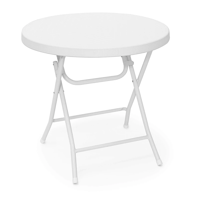 Relaxdays BASTIAN Garden Table Folding Table Round 74 x 80 x 80 cm for Backyard, Balcony or Patio with Metal Frame in Rattan Look as Side Table or Camping Table, White