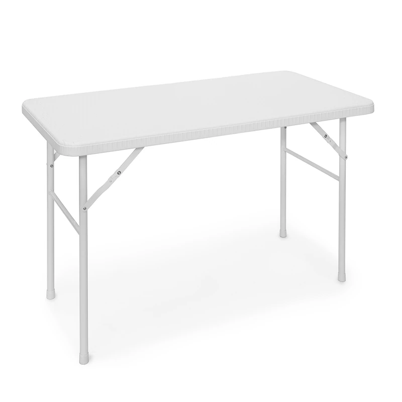 Relaxdays BASTIAN Rectangular Patio Table Folding Table 74 x 121.5 x 61 cm, Folding Table for Backyard, Balcony or Porch with Metal Frame, Rattan Look Side Table or Camping Table, White