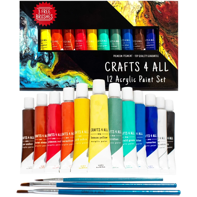 Crafts 4 ALL Acrylic Paint Set - 12 Paints for Canvas, Wood, Ceramic, Fabric - Non Toxic, Vibrant Pigments for Beginners, Adults and Professional Artists - Art Supplies