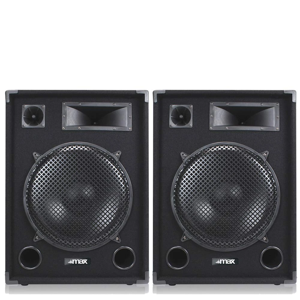 MAX15 15 inch Passive DJ PA Speaker Pair, 2000W Total Power, Professional 3-Way System with 15" Woofers, Bullet Tweeters, Midrange Horn, Acoustic Carpet, Portable Handles, Pole Mount