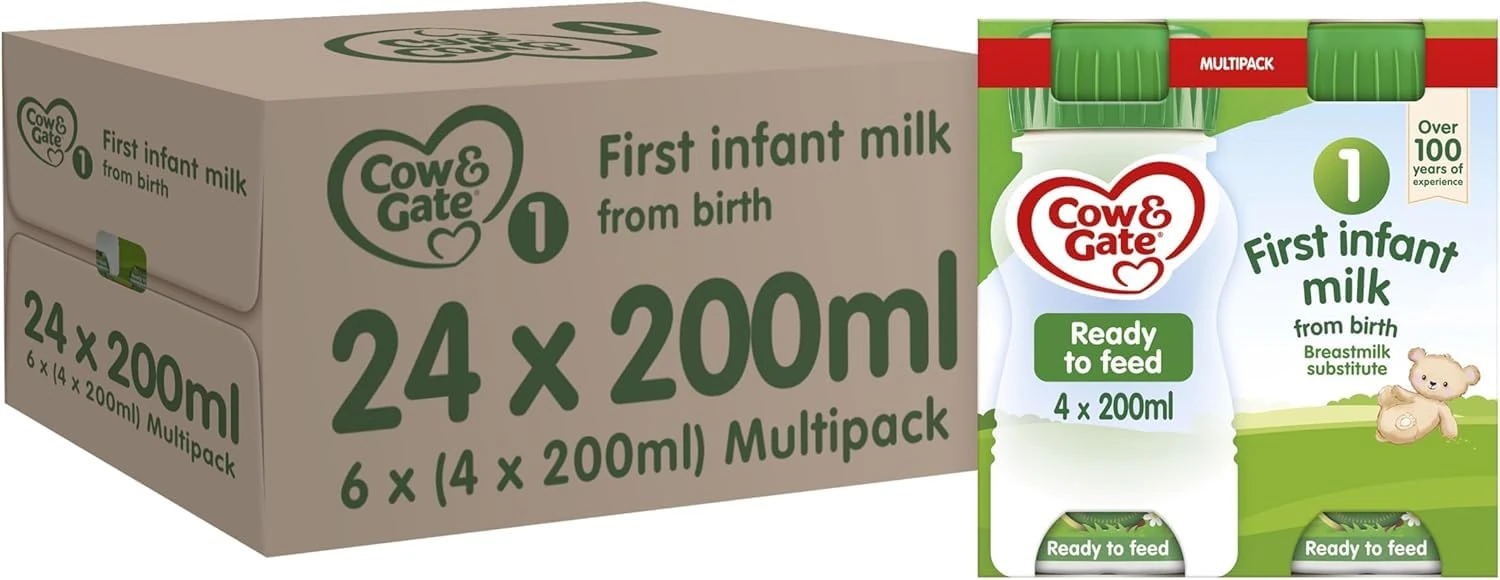 Cow & Gate 1 First Infant Baby Milk Ready to Use Liquid Formula, from Birth, 4x200ml (Pack of 6, Total 24 Bottles) (Packaging may vary)