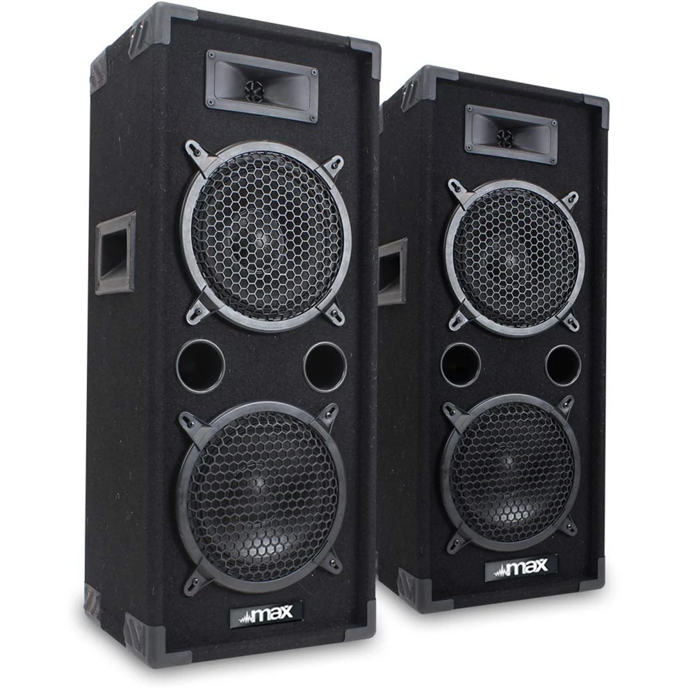 MAX28 Dual 8" Passive DJ PA Speaker Pair 1600W – Professional Carpeted PA Speakers for DJ, Events & Karaoke, Each Speaker has Dual 8-Inch Woofers, Tweeter Horns, Portable Design