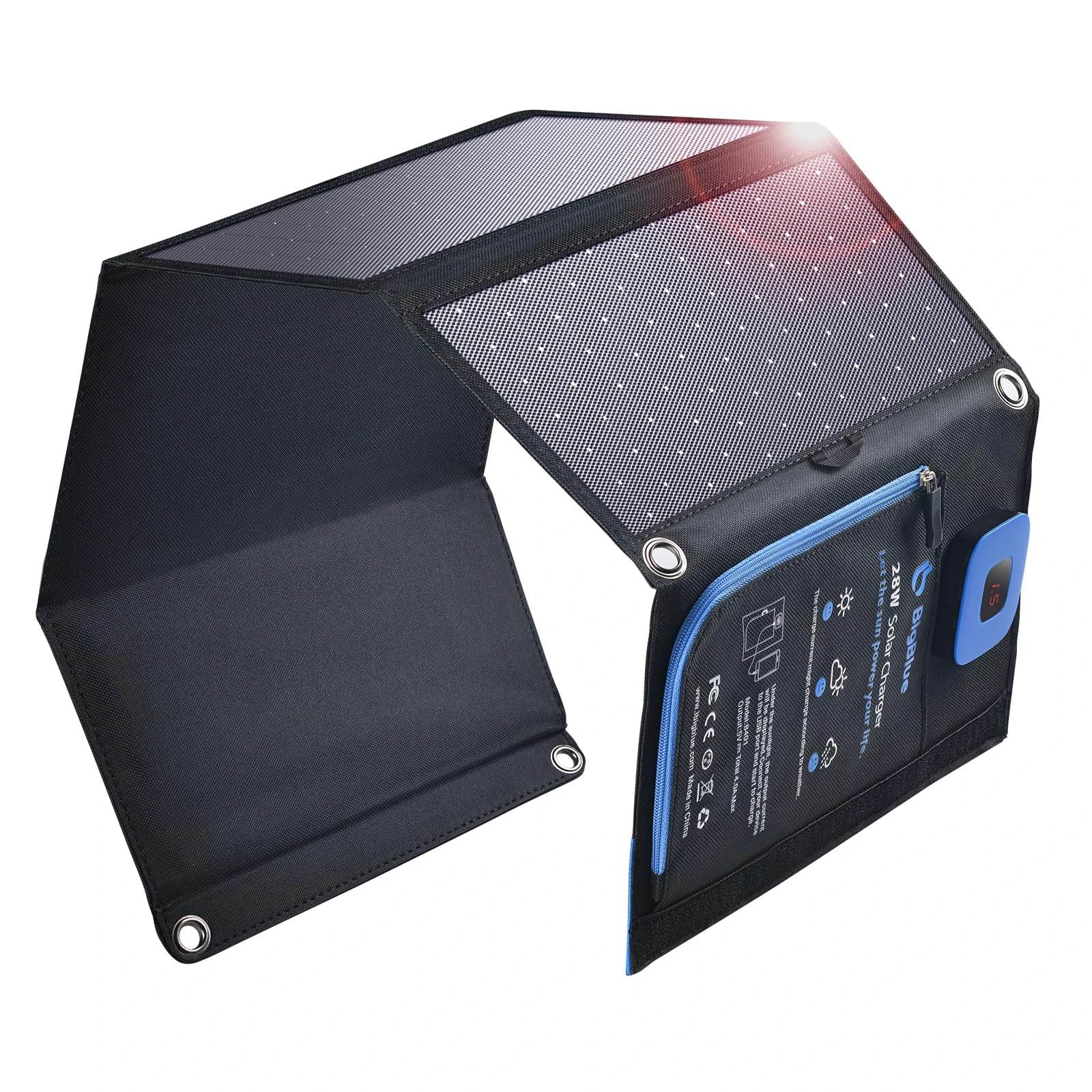 BigBlue 28W Solar Charger Foldable with Digital Ammeter, Outdoor Solar Powered Charger with IP44 Solar Panels USB-A & USB-C Ports (5V/4A Overall) for iPhone iPad Samsung Galaxy LG and Devices